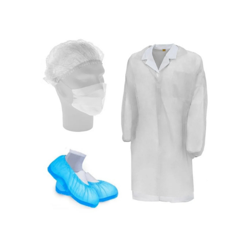 Kit Monouso Visitatore Composto Da Camice Copriscarpe Pvc Mascherina Igienica Cuffia Con Elastico