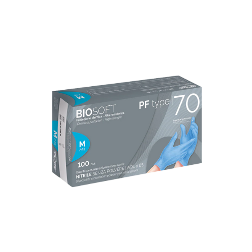 Guanti Monouso in Nitrile Azzurro Senza Polvere Biosoft PF Type 70 - Confezione da 100 Pz
